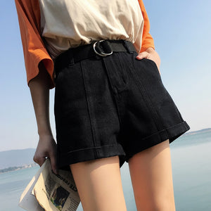 Plus Size 2XL 2019 Summer  Women's Shorts  Jeans High Waist With Pockets Straight Leg Black Jeans Elastic Waist Trousers B85103X