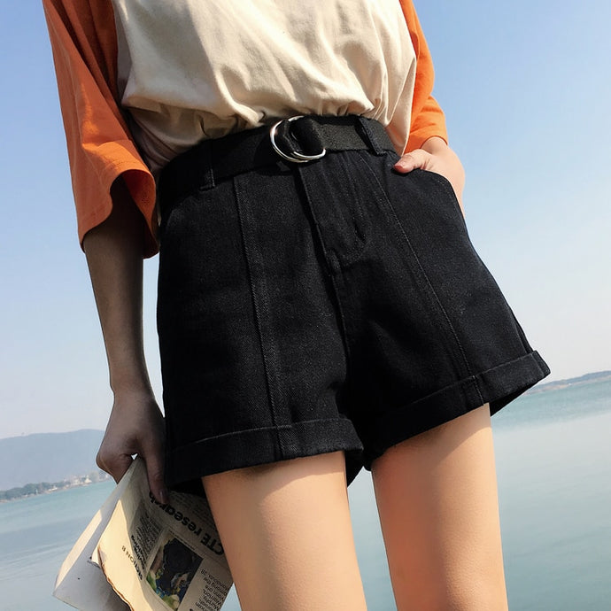 Plus Size 2XL 2019 Summer  Women's Shorts  Jeans High Waist With Pockets Straight Leg Black Jeans Elastic Waist Trousers B85103X