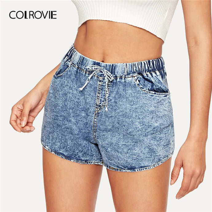 COLROVIE Blue Solid Double Pocket Casual Shorts Women Bottoms 2019 Summer Streetwear Drawstring Waist Jean Shorts For Ladies