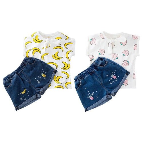 2pcs/set Kids Clothes Set Girls Fruit Print T-shirt with Shorts Fashion Children Outfits Suit 2-6Y Baby Sweet Tops Jeans Pants