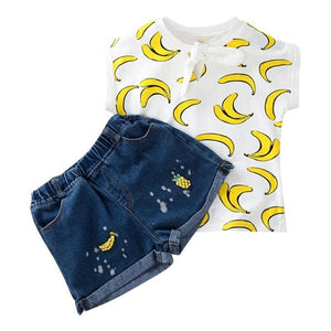 2pcs/set Kids Clothes Set Girls Fruit Print T-shirt with Shorts Fashion Children Outfits Suit 2-6Y Baby Sweet Tops Jeans Pants